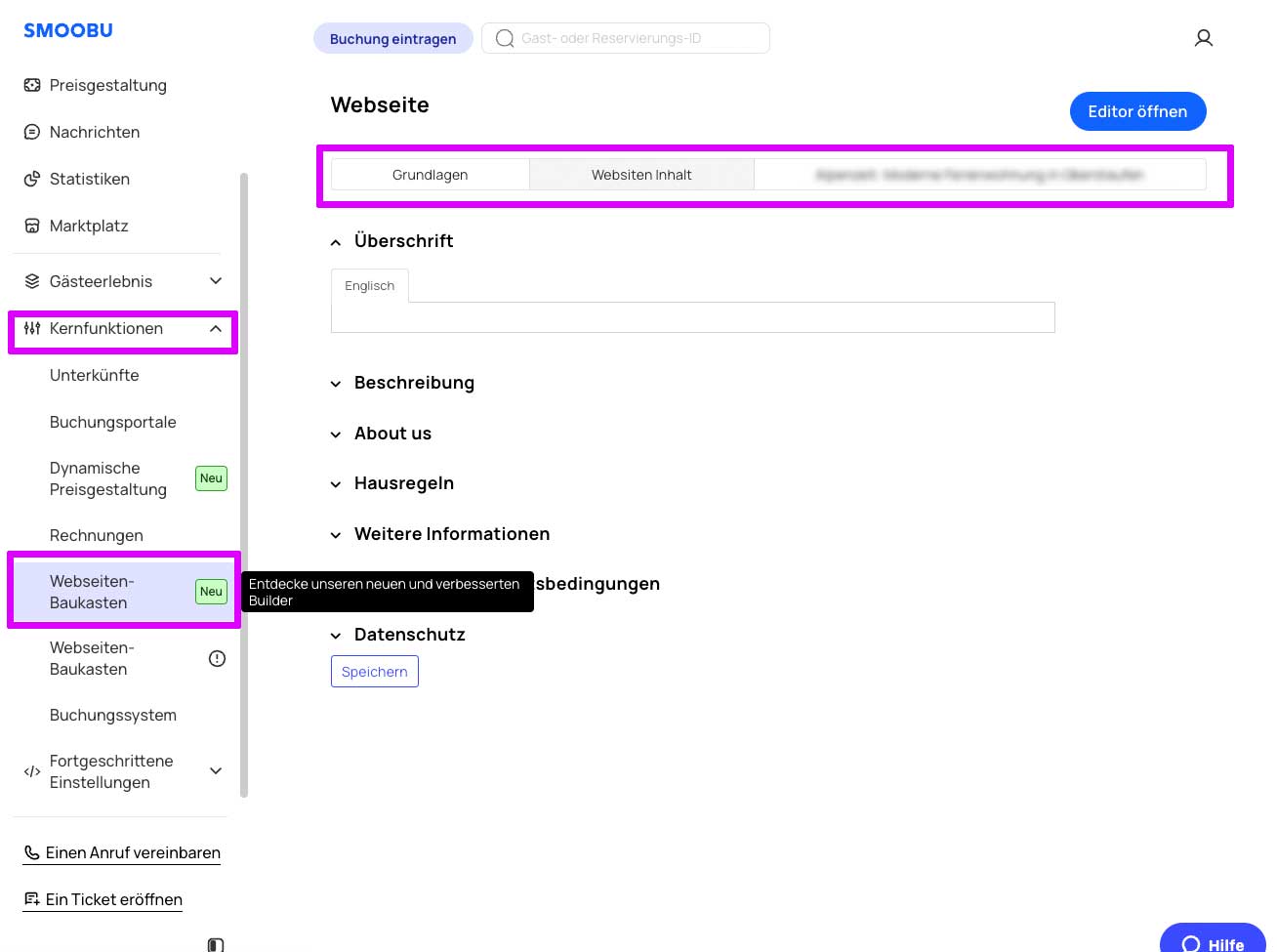 Smoobu Dashboard und Link zum Smoobu Webseiten Baukasten