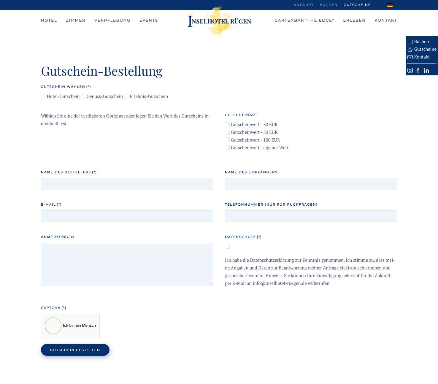 Formular Gutschein-Bestellung im Inselhotel Rügen