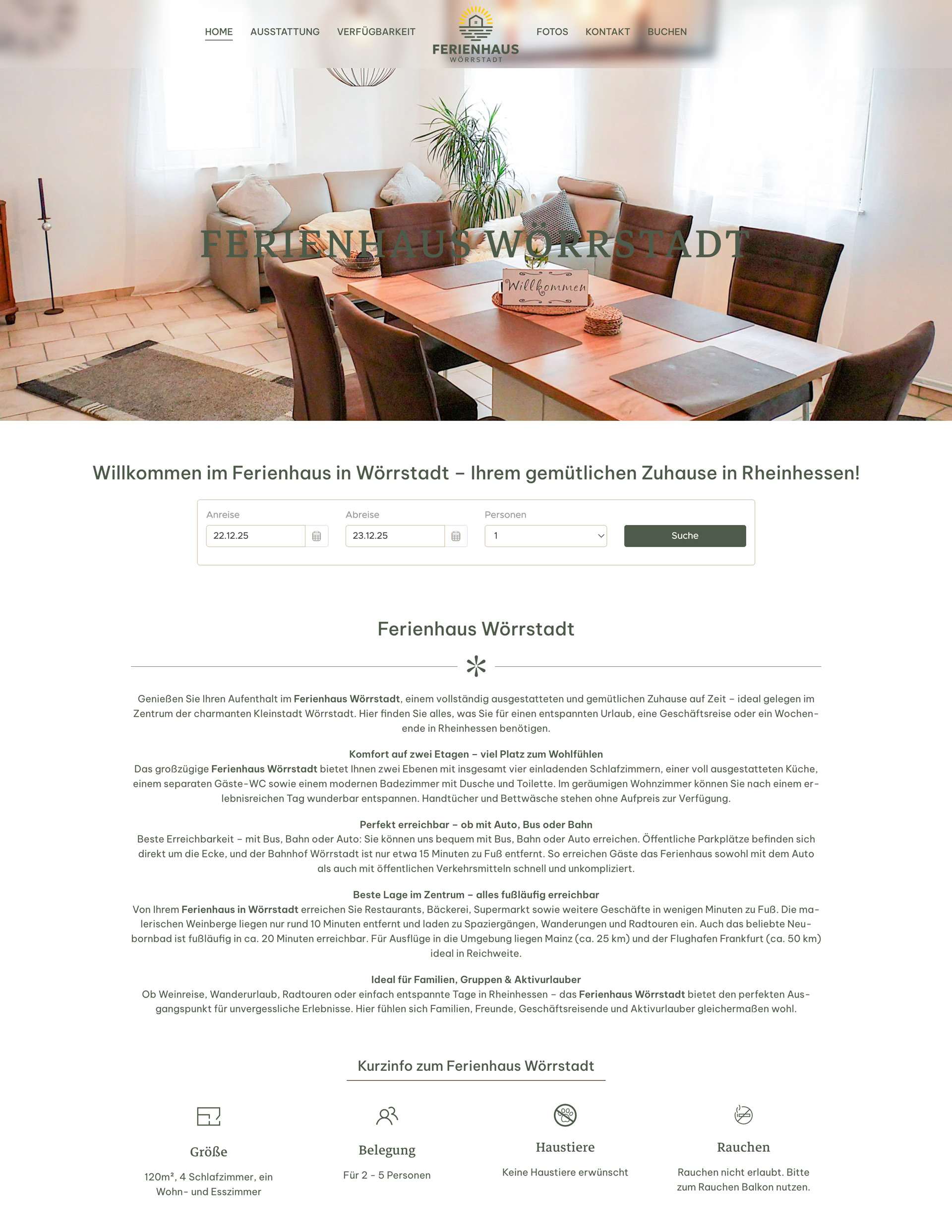 Ferienhaus Wörrstadt  Website Headerbereich mit Buchungswidget